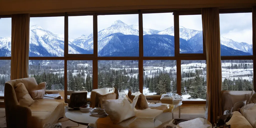 Image similar to there is a huge floor - to - ceiling window in the hotel with snow - capped mountain ranges outside