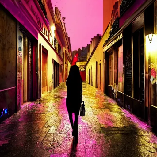 Prompt: photo realistic lively alley in paris at night after rain storm with warm glowing lamps and graffiti on walls with a woman in a pink bikini walking her large purple dog noir goddess, character design, dark fantasy, photo realistic, unreal engine, terrifying ambience, smooth lighting, cinematic lighting, masterpiece, ultra detailed, hyper realistic, octane render, 8 k, photo - realistic