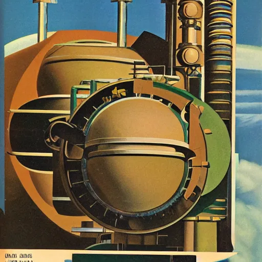 Prompt: 1960 magazine cut out collage of steam punk machinery terraforming Jupiter, oil painting by Charles Sheeler