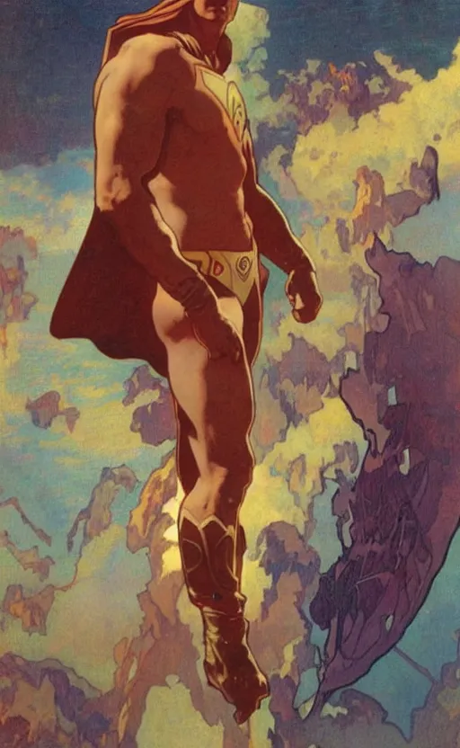 Image similar to a wide angle shot from below!!!, of a male superman with a handsome bodybuilder body walking with the swagger towards camera on mars in a infinite universe, synthwave digital art by alphonse mucha and greg rutkowski