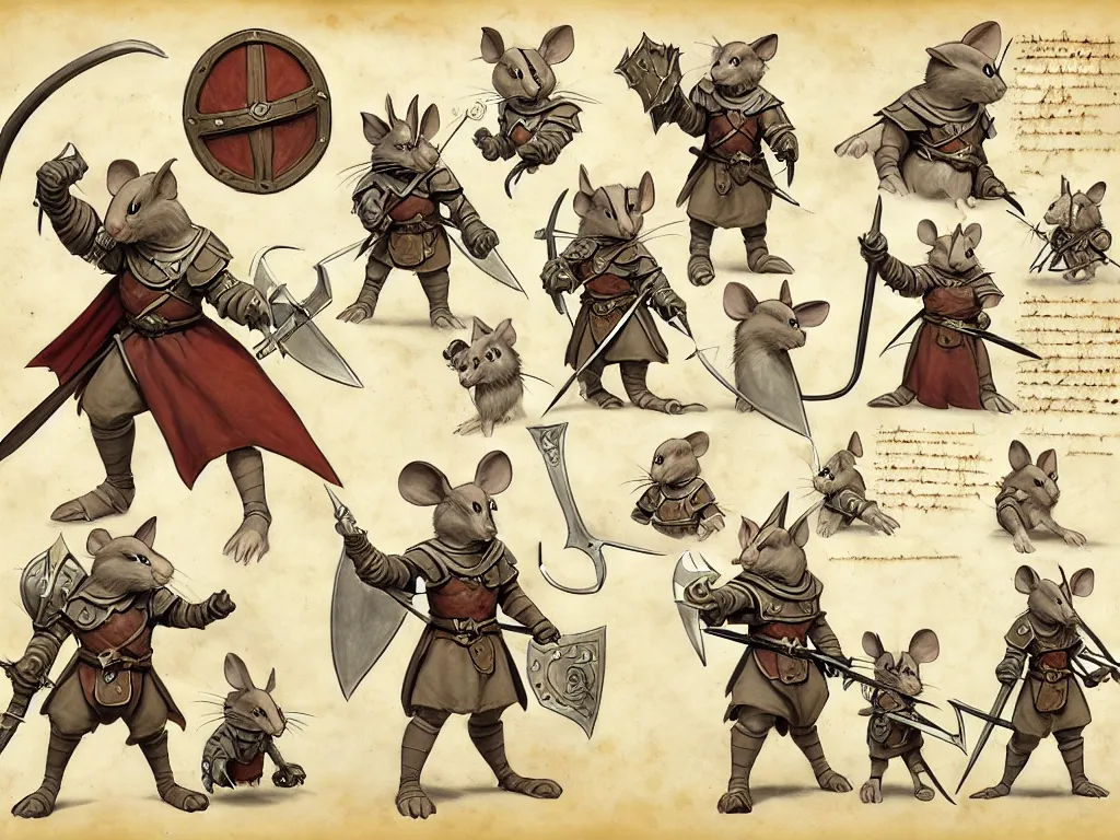 Image similar to character design sheet for a heroic mouse knight with sword and shield on a parchment background, redwall, greg rutowski and jean baptiste monge, very very detailed, epic fantasy concept art