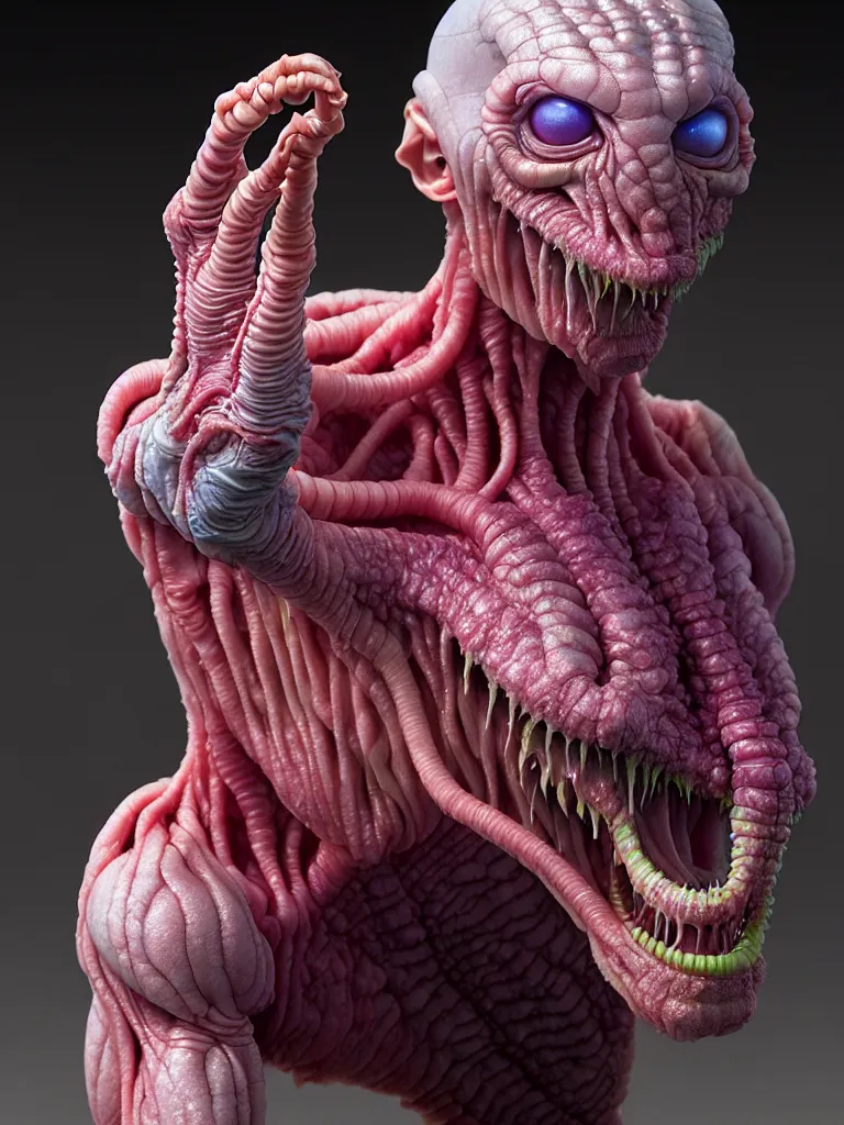 Image similar to hyperrealistic rendering, fat smooth cronenberg flesh monster transparent grey alien by donato giancola and greg rutkowski and wayne barlow and zdzisław beksinski, product photography, action figure, sofubi, studio lighting, colored gels