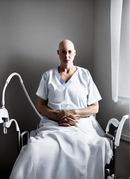 Prompt: medium shot, photo of a beautiful bald 4 0 year old woman hospital patient sitting in a hospital room, wearing a hospital gown, with an iv drip, hopeful. studio lighting, 3 5 mm, marketing photo by charlie waite, max rive, caroline foster.