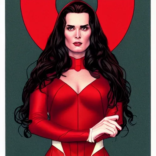 Image similar to Brooke Shields as Scarlet Witch by the artist Jenny Frison.