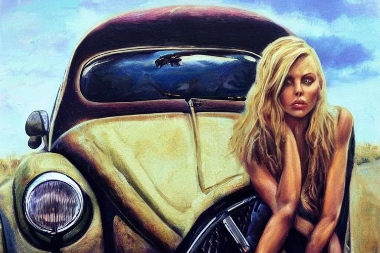 Prompt: beautiful beautiful beautiful yeah q charlize theron with long blonde hair locks holds over its head on its two hands old volkswagen beetle, oil on canvas, naturalism