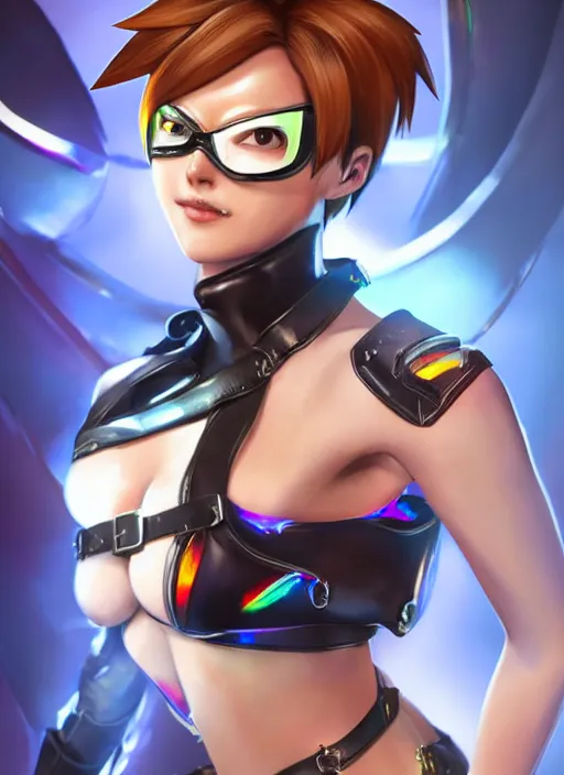 Image similar to full body digital artwork of tracer overwatch, wearing black iridescent rainbow latex bikini, 4 k, expressive happy smug expression, makeup, in style of mark arian, wearing detailed black leather collar, wearing chains, black leather harness, leather cuffs around wrists, detailed face and eyes,