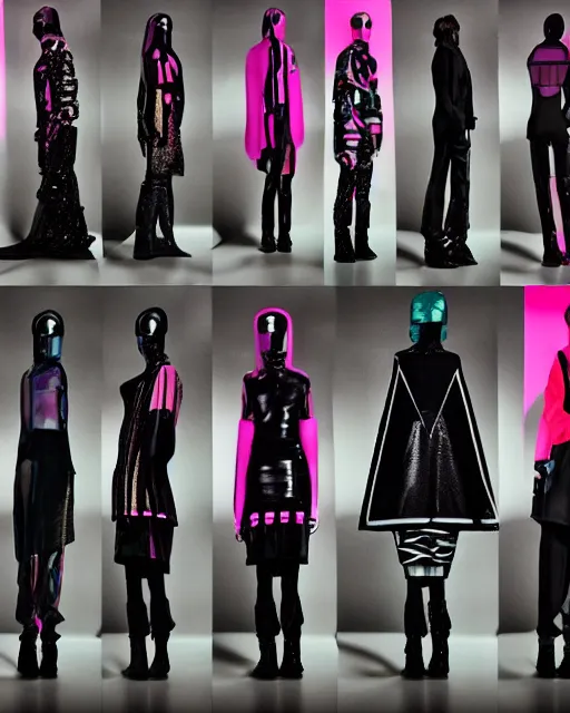 Prompt: an award winning fashion photograph for Balenciaga's cyberpunk Bladerunner 2049 fall line, dazzle camouflage!, dayglo pink, dayglo blue, raven black