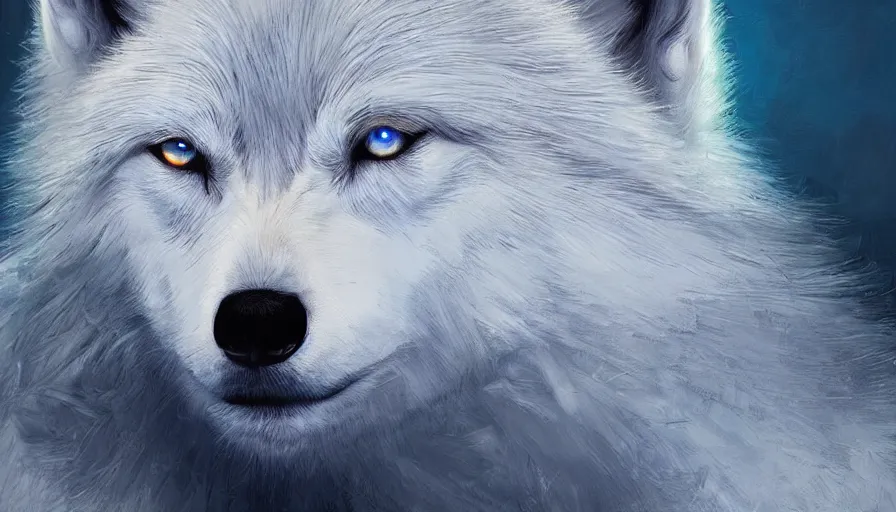 Image similar to white wolf with blue electric eyes by james gurney, hyperdetailed, artstation, cgsociety, 8 k