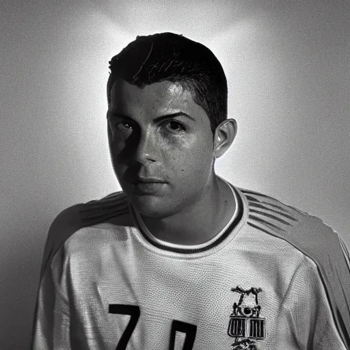 Prompt: portrait of ronaldo luis nazario de lima by yousuf karsh, holy halo, neon ambient lighting, high detail