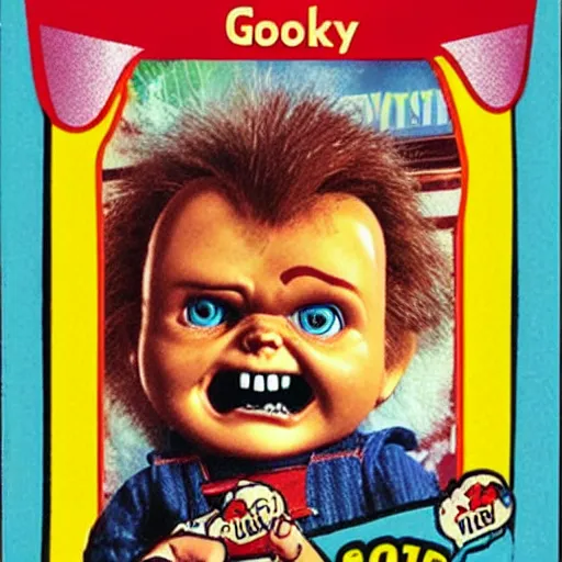 Prompt: chucky good guys doll, garbage pail kids card