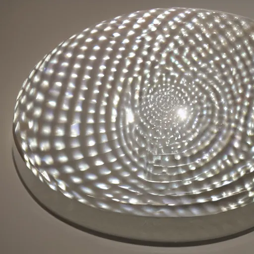 Image similar to a sculpture of infinite concentric rings made of clear crystal casting caustics on a white table morning light