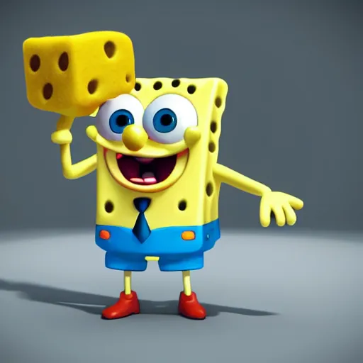 Image similar to cute spongebob in a suit while holding a at - 1 5, cartoon, digital art, 3 d rendered in octane, pixar character, blender, maya, shadows, lighting depth of view