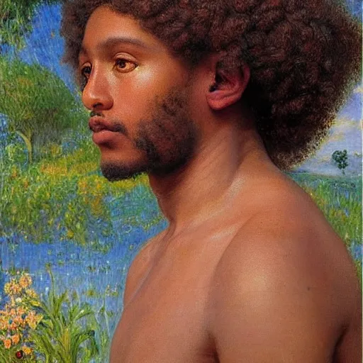 Image similar to east african man with curly hair, full body, fedosenko roman, j. w. godward, jose miguel roman frances, intricate details, countryside, dreamy, impressionist, figurative