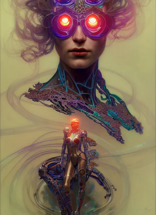 Prompt: psychedelic cyborg, diffuse lighting, fantasy, intricate, elegant, highly detailed, lifelike, photorealistic, digital painting, artstation, illustration, concept art, smooth, sharp focus, art by John Collier and Albert Aublet and Krenz Cushart and Artem Demura and Alphonse Mucha