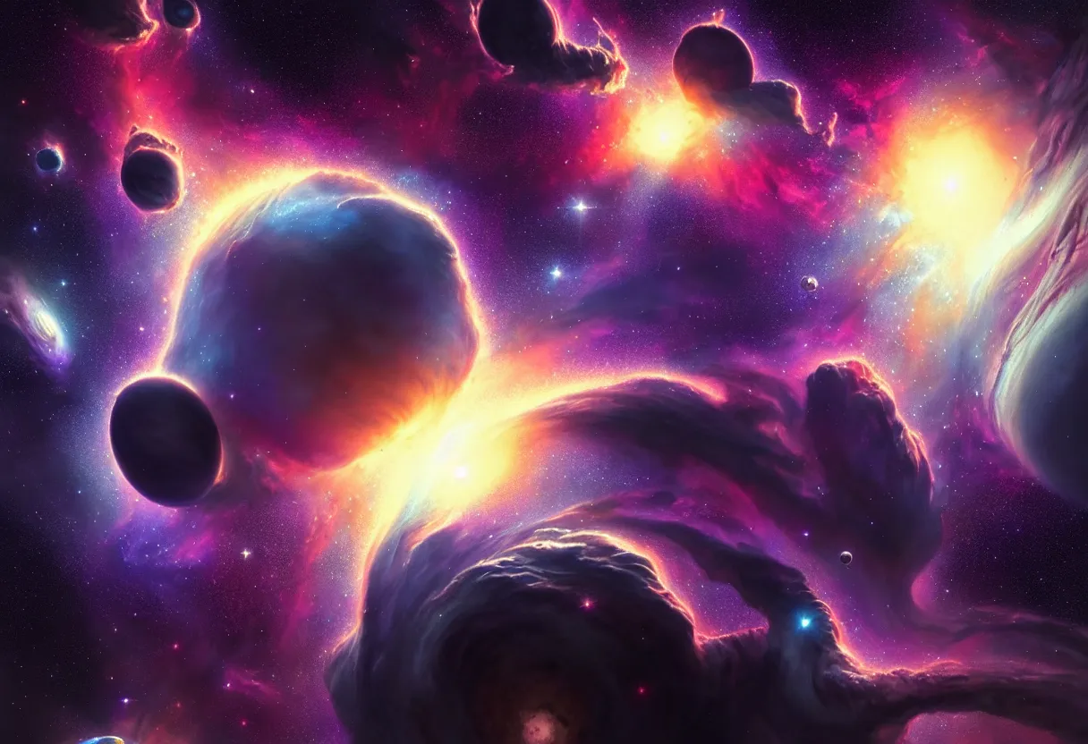 Prompt: beautiful render, deep space nebula with gas giants and many stars, galaxies and planets, asteroid belt, fantasy, intricate, elegant, highly detailed, digital painting, artstation, concept art, smooth, sharp focus, octane render, dramatic lighting, art by artgerm and greg rutkowski and alphonse mucha and wlop