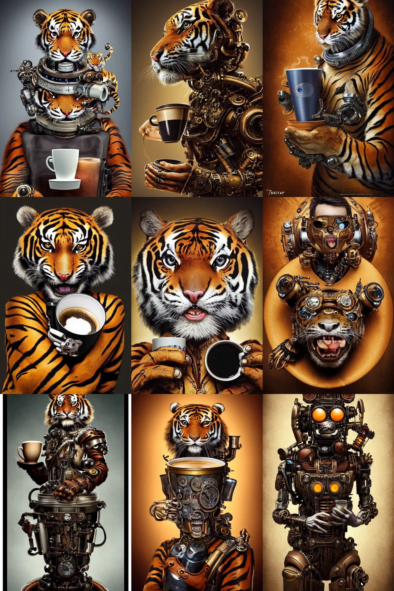 Prompt: a stunning intricate fine art portrait photo of a steampunk cyborg smiling tiger holding a cup of coffee, in the style of pixar, by tom bagshaw, perfection!, perfect face and eyes, studio lighting, 8 5 mm lens, very detailed, bionic, cybernetic scifi, deep depth of field, artstation, 8 k, highly coherent