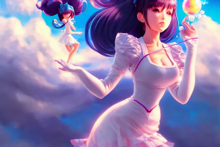 Image similar to bubbly lovely hopefully magical girl flying on the clouds with her kitty, occlusion shadow, specular reflection, rim light, unreal engine, artgerm, artstation, art by hiroaki samura and ilya kuvshinov and ossdraws, high quality, intricate detailed 8 k, fantasy illustration, extremely beautiful and aesthetic shape of face and body, movie poster