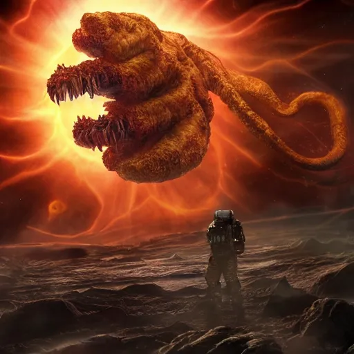 Image similar to eldritch horror bloody garfield in space, hd, 8 k, giant, epic, realistic photo, unreal engine, stars, prophecy, powerful, cinematic lighting, destroyed planet, debris, violent, sinister, ray tracing, dynamic, epic composition, dark, horrific, teeth, grotesque, monochrome drawing, hellscape