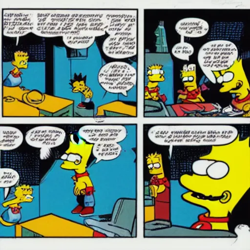 Prompt: a comic book page of the adventures of Bart Simpson by frank miller