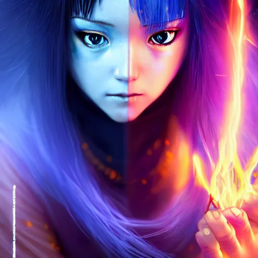 Image similar to rimuru tempest from tensura holding purple fire in her palm, with amber eyes of golden colored eyes, straight hair, sky blue hair, long bangs, concept art, award winning photography, key visual, digital painting, cinematic, wlop, 8 k, by ross tran, andy warhol, tom bagshaw