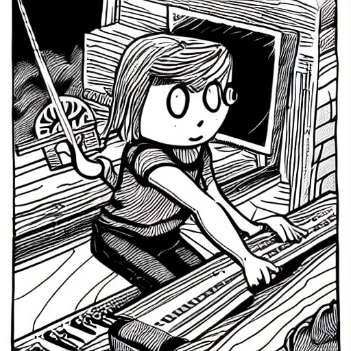 Image similar to beautiful detailed comic style illustration using only black, white and Magenta, of a young child using a longsword to chop a music studio mixing console in half