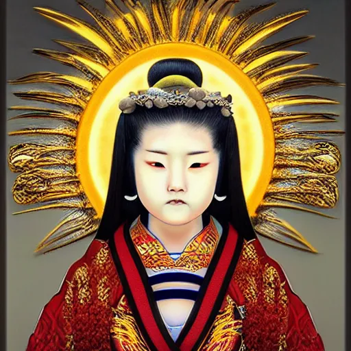 Image similar to hyper realistic portrait photo of ameterasu the sun goddess of japan, portrait shot, intricate detail