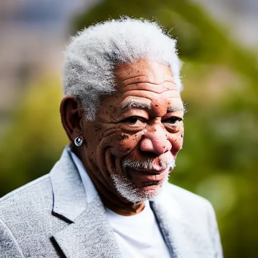 Image similar to a candid portrait photograph of Morgan Freeman starring as rapper Travis Scott in the style of Chi Mondu, shallow depth of field, 40mm lens