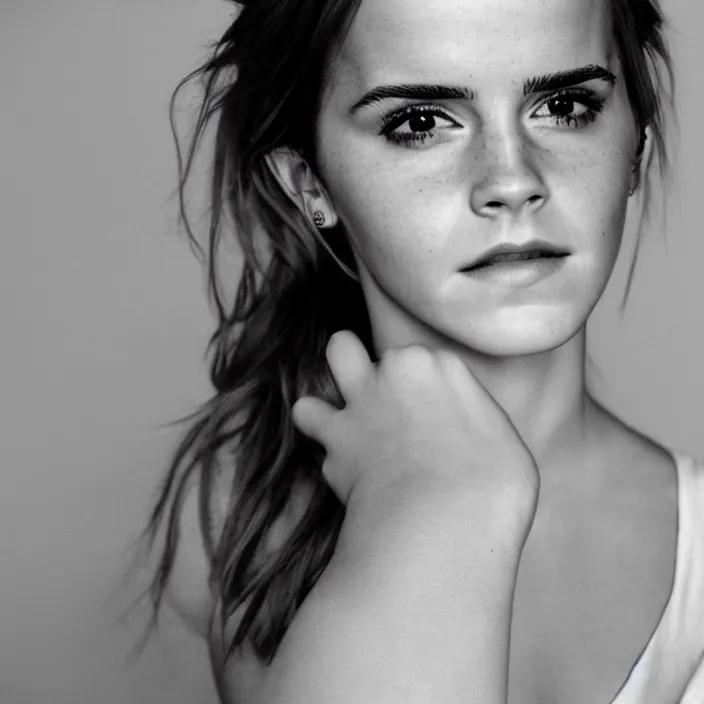 Prompt: emma watson looking to the left. black and white. portrait.