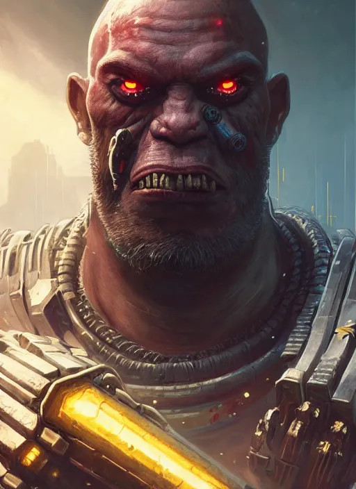 Image similar to portrait of an warhammer Orc as a character in Cyberpunk 2077, looking at camera, intricate, elegant, sci-fi, extremely detailed, digital painting, artstation, concept art, smooth, sharp focus, illustration, ambient lighting, incredible art by artgerm and greg rutkowski and alphonse mucha and simon stalenhag