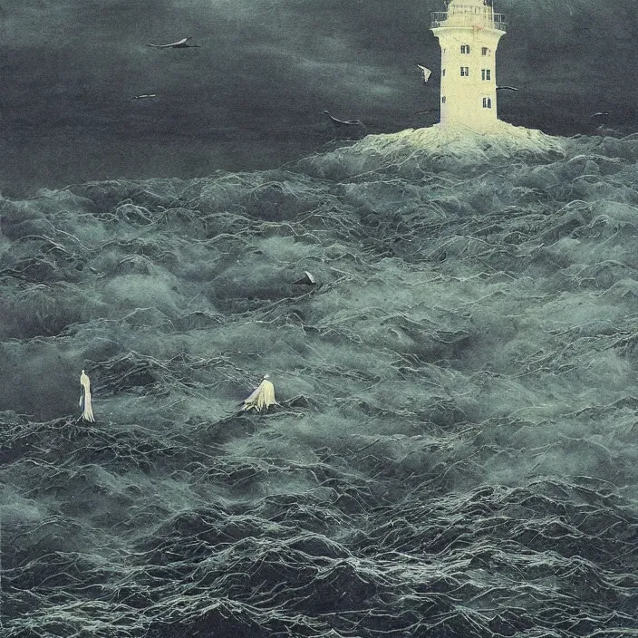 Image similar to worshippers in robes belonging to the cult of the lighthouse standing in waves with ravens flying overhead, a lighthouse, ravens, high detailed beksinski painting, part by adrian ghenie and gerhard richter. art by takato yamamoto. masterpiece, dark and moody, deep colours, blue