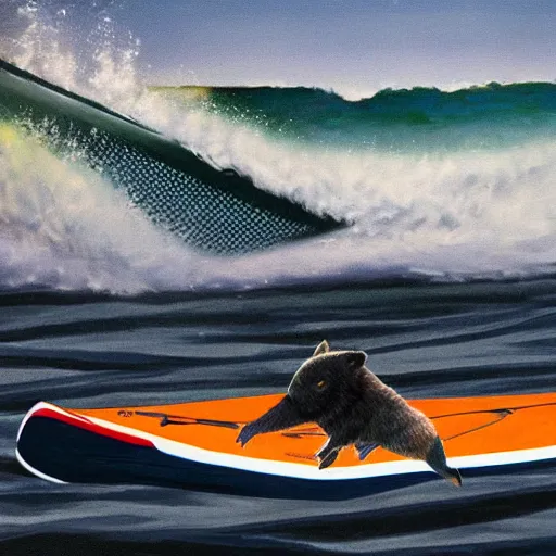 Image similar to wombat playing chess on spider - man painted paddle ski on waves dark ominous big waves dramatic