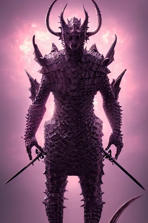 Prompt: hyperrealistic neo - gothic human dragon hybrid, exoskeleton armor, fighting with katana, field of pink flowers, highly detailed digital art masterpiece, vitaly bulgarov dramatic dark teal light, ground angle hd 8 k, sharp focus