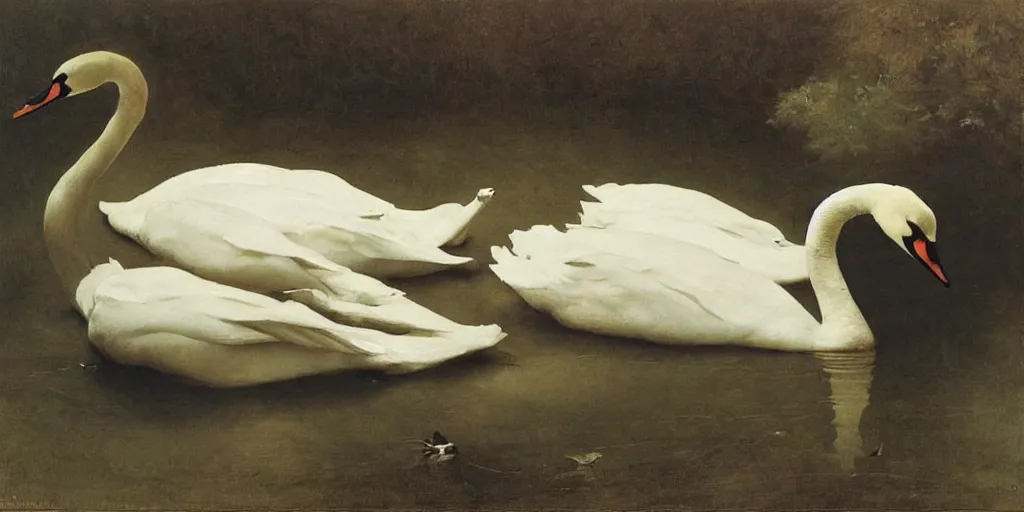 Image similar to lots of swans hiding a body. by william bouguereau, andrew wyeth and nicola samori. dark atmosphere. dark space