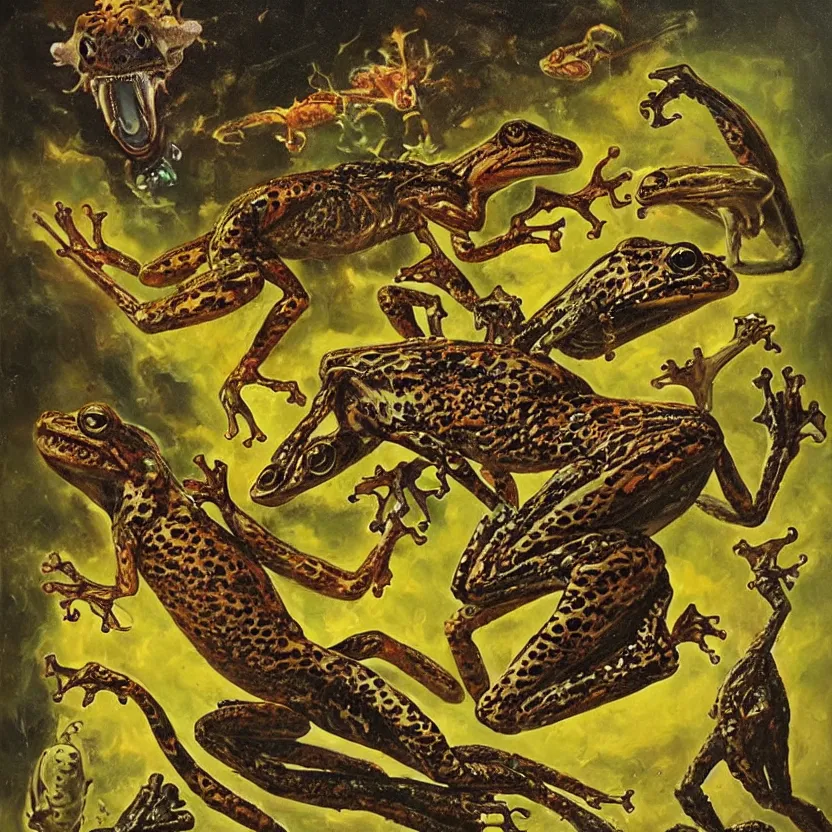 Prompt: alien frog, cheetah, and bird. strange anatomy. pulp sci - fi art. baroque period, oil on canvas