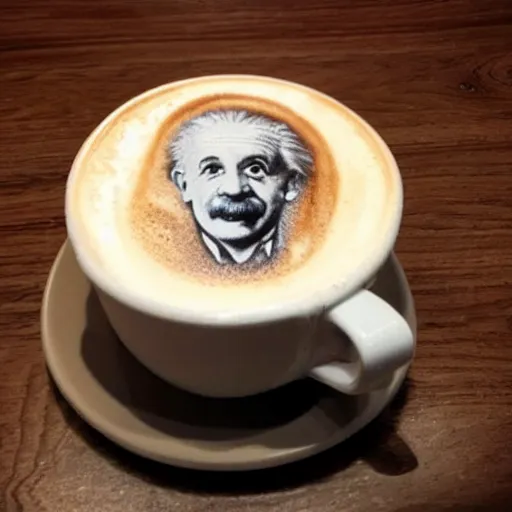 Image similar to an image of Albert Einstein in the foam of a coffee cappuccino