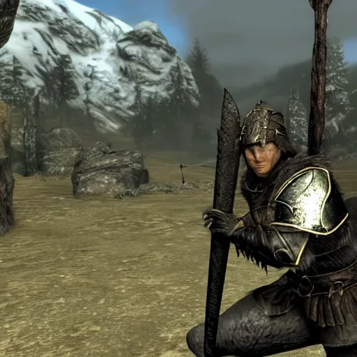 Prompt: a skyrim guard getting shot in the knee with an arrow