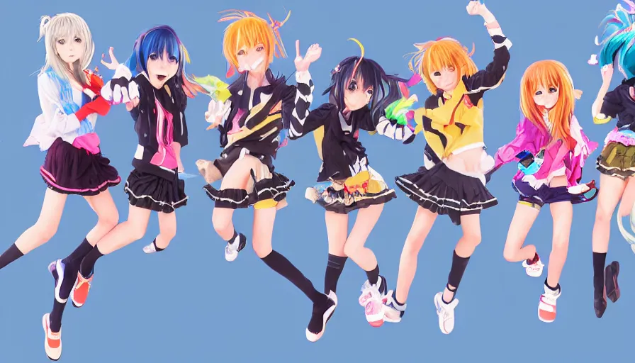 Image similar to group of cute anime characters jumping, colorful outfits, short miniskirts, lightly dressed, ultra detailed digital art, hyper real, detailed, group photo, ultra detailed, ground up angle