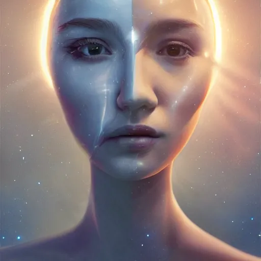 Prompt: 3 d, sci - fi, close - up, night, smiling fashion model face, cinematic, moon rays, clouds, vogue cover style, blue mood, realistic painting, intricate oil painting, high detail illustration, figurative art, multiple exposure, poster art, 3 d, by tooth wu and wlop and beeple and greg rutkowski