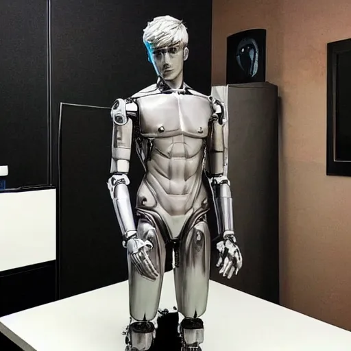 Image similar to “a realistic detailed photo of a guy who is an attractive humanoid who is half robot and half humanoid, who is a male android, twitch streamer Ninja Tyler Blevins, shiny skin, posing like a statue, blank stare”