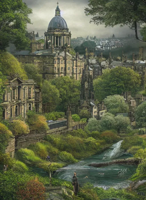 Image similar to a beautiful digital graphics design portrait of Edinburgh city. Edinburgh overgrown with plants, caledonian forest, matte painting, fantasy art, highly detailed