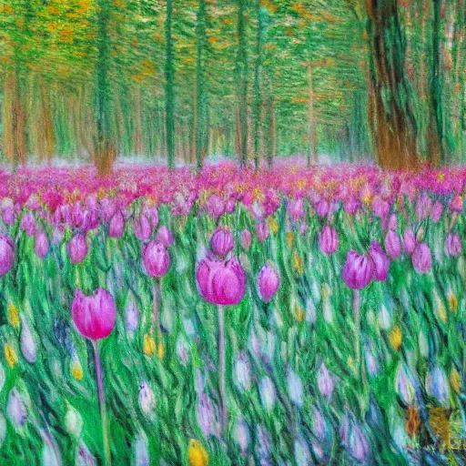 Image similar to Wild tulips in a natural forest in monet style
