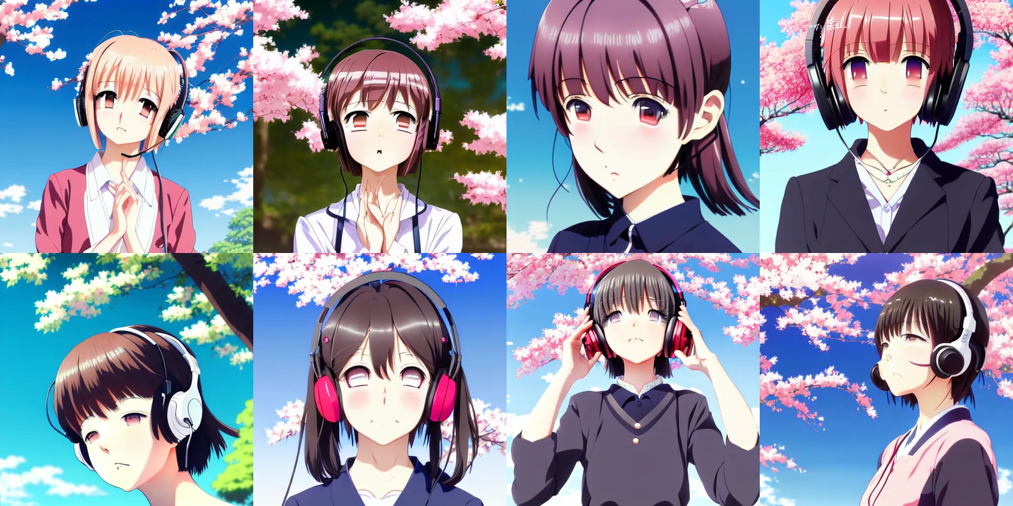 Prompt: anime poster shikishi album cover still portrait, cute female character with headset under sakura tree,,,, cute face by ilya kuvshinov yoshinari yoh makoto shinkai katsura masakazu kyoani, dynamic perspective pose super detailed facial features eyebrowless symmetry, gapmoe yandere grimdark, crisp and sharp cel shade ambient light