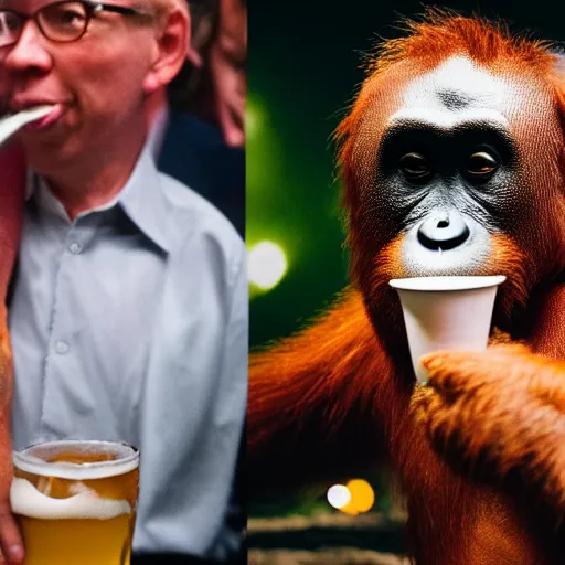 Prompt: A photo of an orangutan drinking beer with Michael Gove at the club, disco lights, bokeh, hyperdetailed