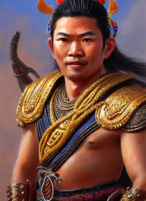 Prompt: smart ramkhamheang, closeup portrait, without beard and mustache, historical hero, ethnic group, tai costume, thai transitional bronze headdress, intricate, with leather armor cross on bare chest, elegant, loin cloth, highly detailed, oil painting, artstation, concept art, matte, sharp focus, illustration, hearthstone, art by earl norem