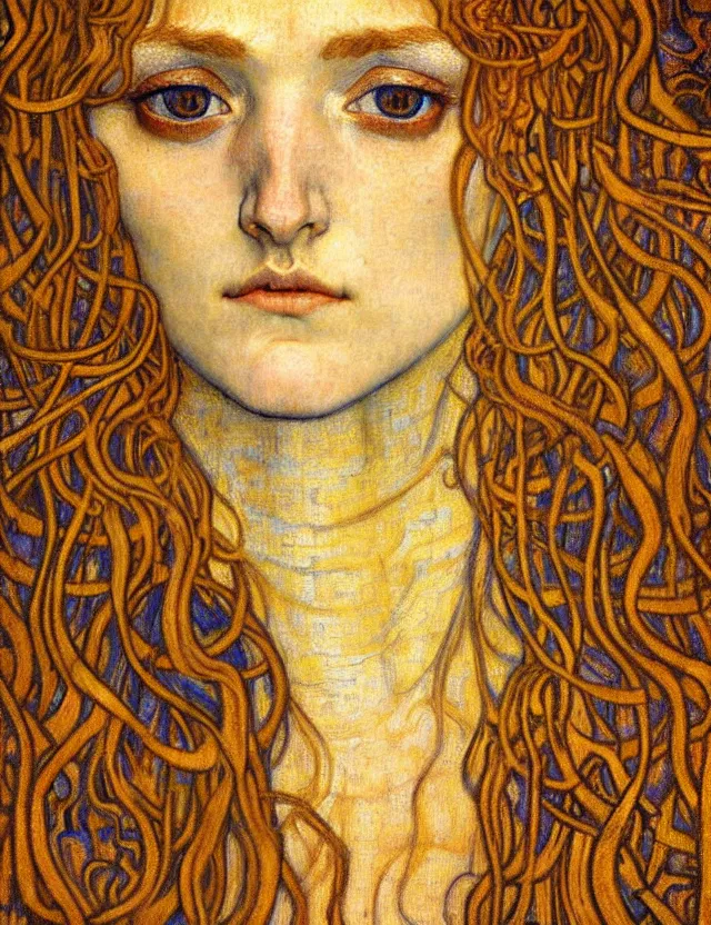 Image similar to detailed realistic beautiful young medieval queen face portrait by jean delville, gustav klimt and vincent van gogh, art nouveau, symbolist, visionary, gothic, pre - raphaelite, muted earthy colors, desaturated