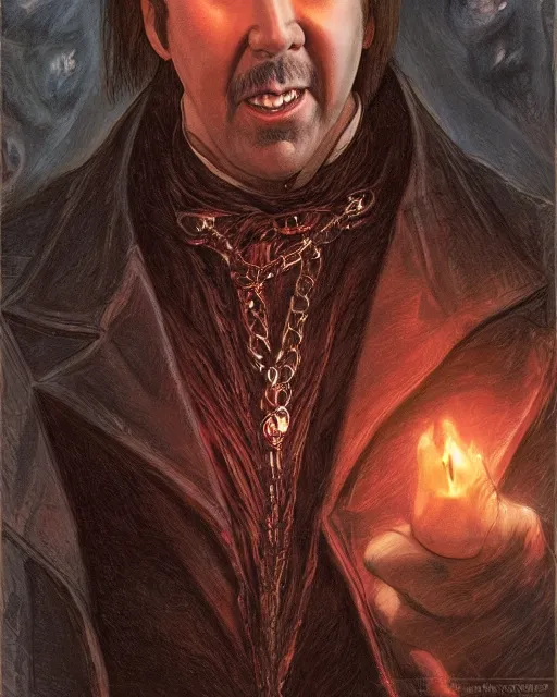 Image similar to nicolas cage as dracula, highly detailed, centered, artstation, concept art, smooth, sharp focus, illustration, bokeh art by artgerm and donato giancola and joseph christian leyendecker