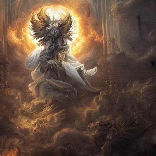 Image similar to A epic and beautiful rococo painting of a angelic werewolf inside a burning cathedral. demon slayer style. ultra-detailed. Anime, pixiv, UHD 8K CryEngine, octane render