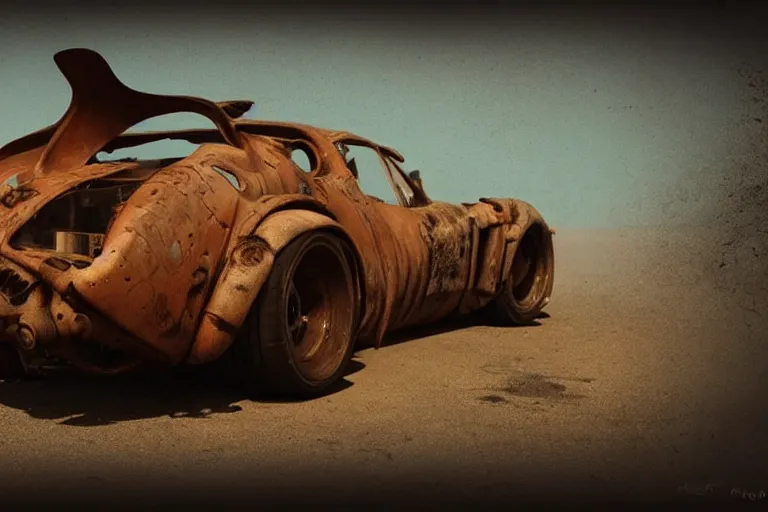 Image similar to rusty hypercar in mad max, painted by hector garrido and derek riggs, trending on artstation, volumetric lighting rear view profile picture, daguerreotype, still life, figurativism, socialist realism