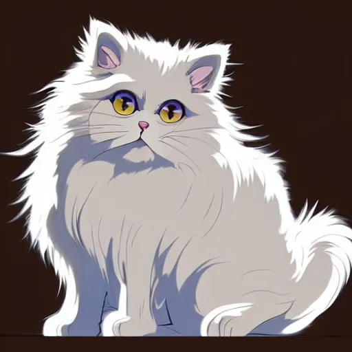 Image similar to teen boy with brown hair and big blue eyes, wearing a hoodie, fluffy white persian cat, natural lighting, path traced, highly detailed, high quality, cartoon, digital painting, by don bluth and ross tran and studio ghibli and alphonse mucha