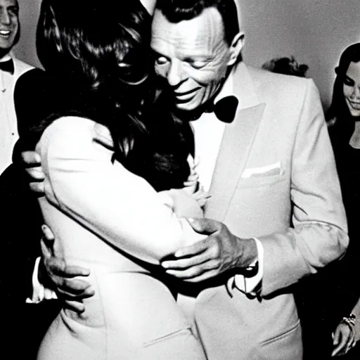 Prompt: Frank sinatra being hugged lovingly by kim kardashian